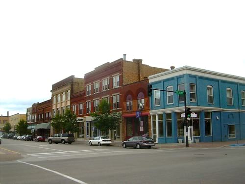 Street in downtown Grand Forks with historic buildings